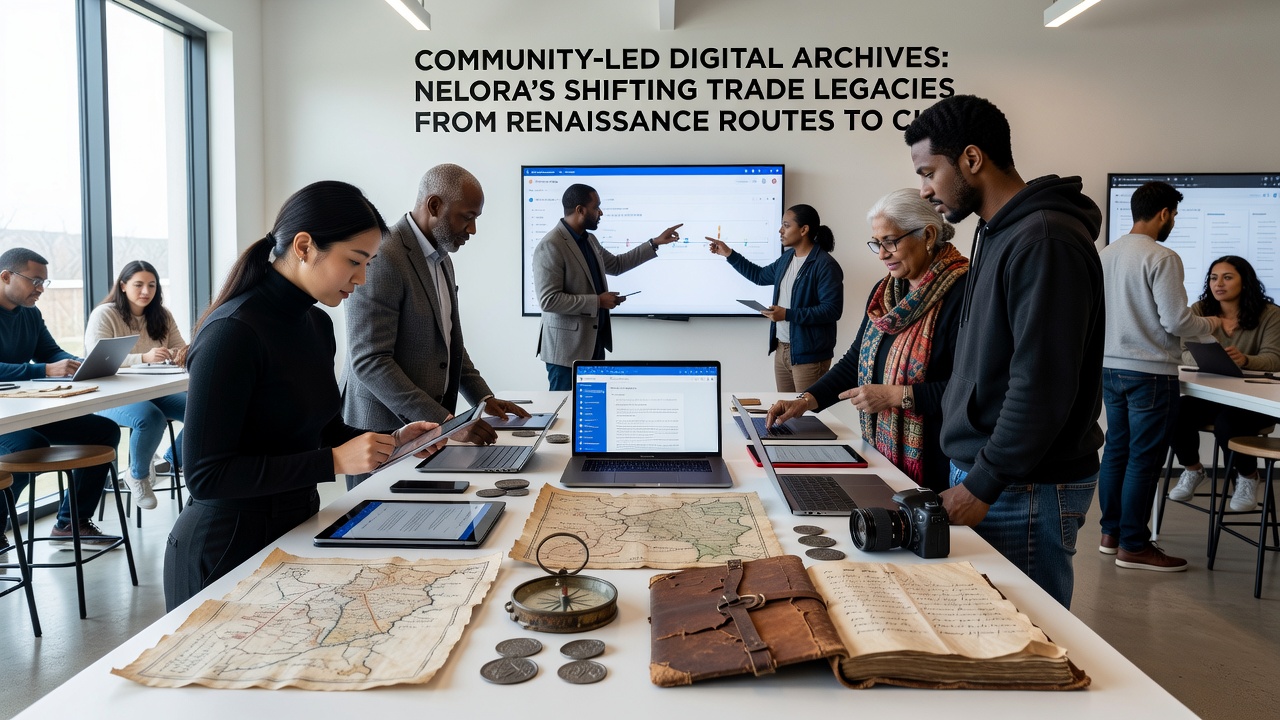 Volunteers reviewing digitized export records on tablets while surrounded by contemporary artisan pottery and fabric samples