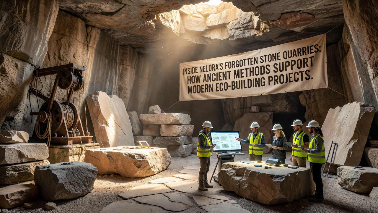 Workers applying traditional wedge techniques alongside modern tools in a Nelora quarry